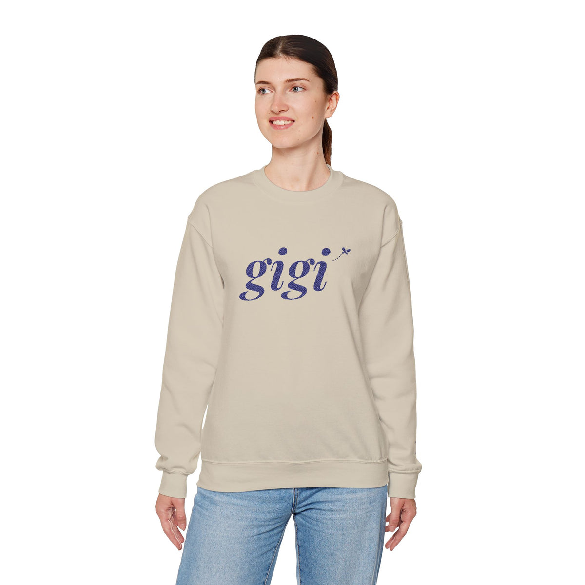 Personalized Gigi Sweatshirt, Embroidered Gigi Crewneck, Grandchild's Initial on Sleeve, Navy Thread, Grandma Christmas Gift
