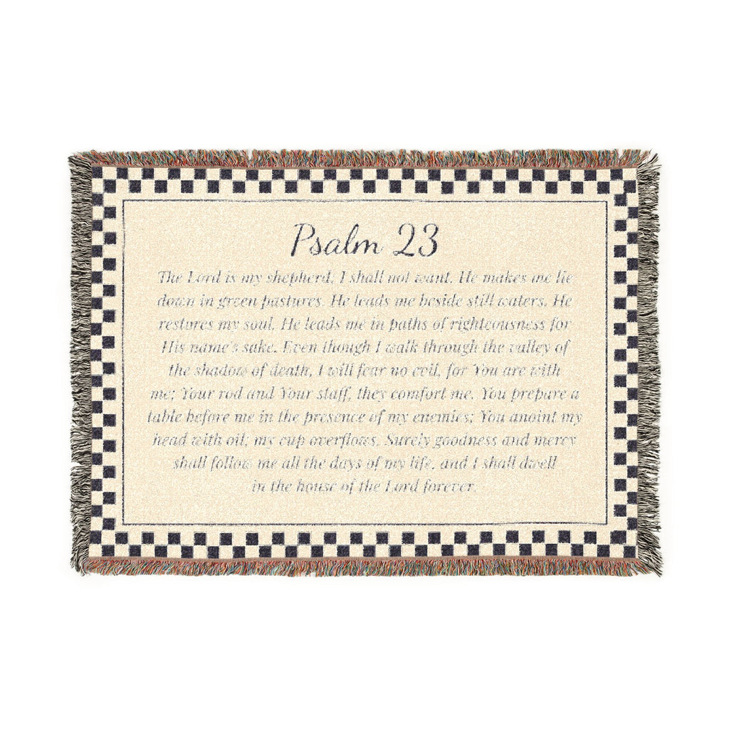 Psalm 23 Woven Blanket, The Lord Is My Shepherd Scripture Throw, Checkered Woven Cotton Bible Verse Blanket