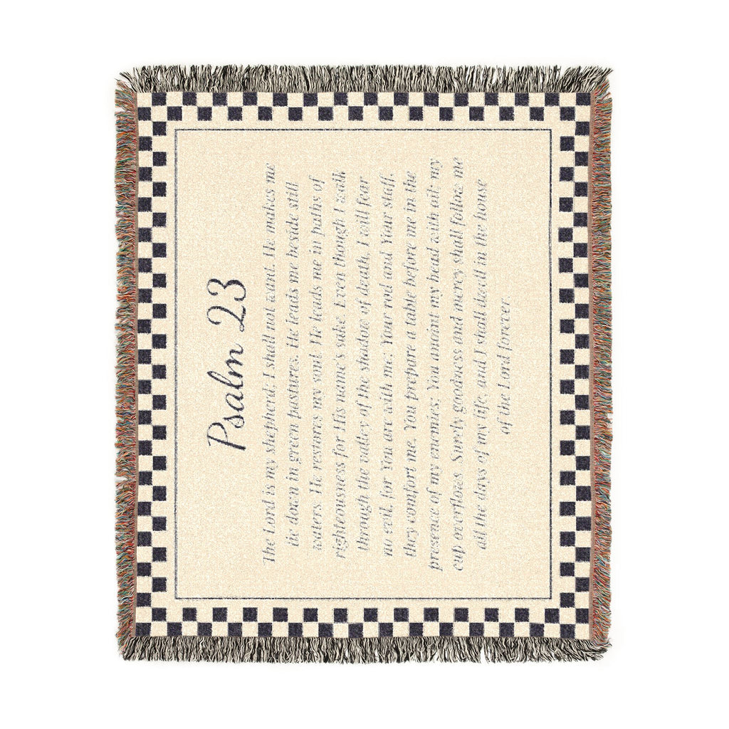 Psalm 23 Woven Blanket, The Lord Is My Shepherd Scripture Throw, Checkered Woven Cotton Bible Verse Blanket