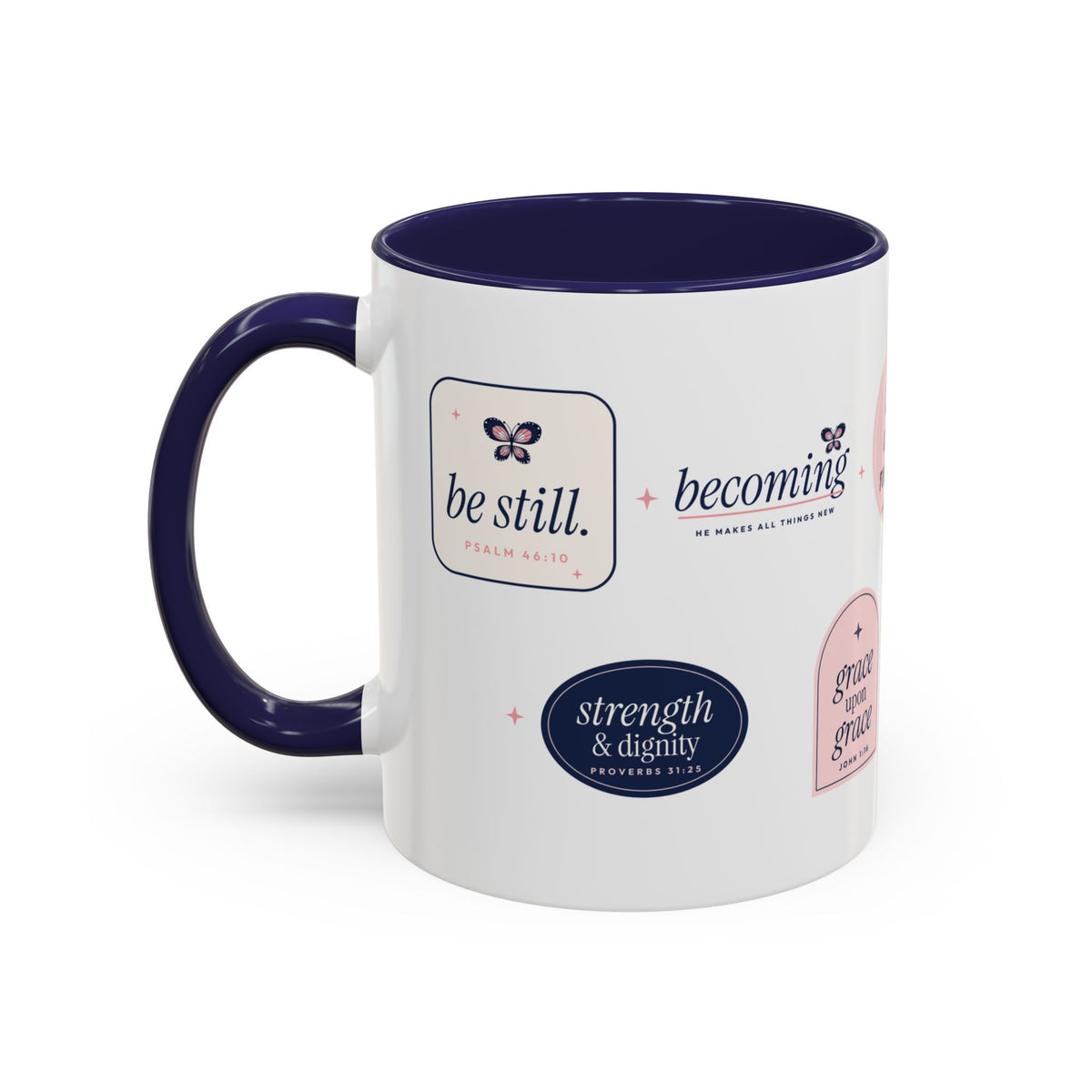 Bible Verse Accent Mug | Butterfly Christian Sticker Collage Mug with Navy Handle | Faith Gift 11oz