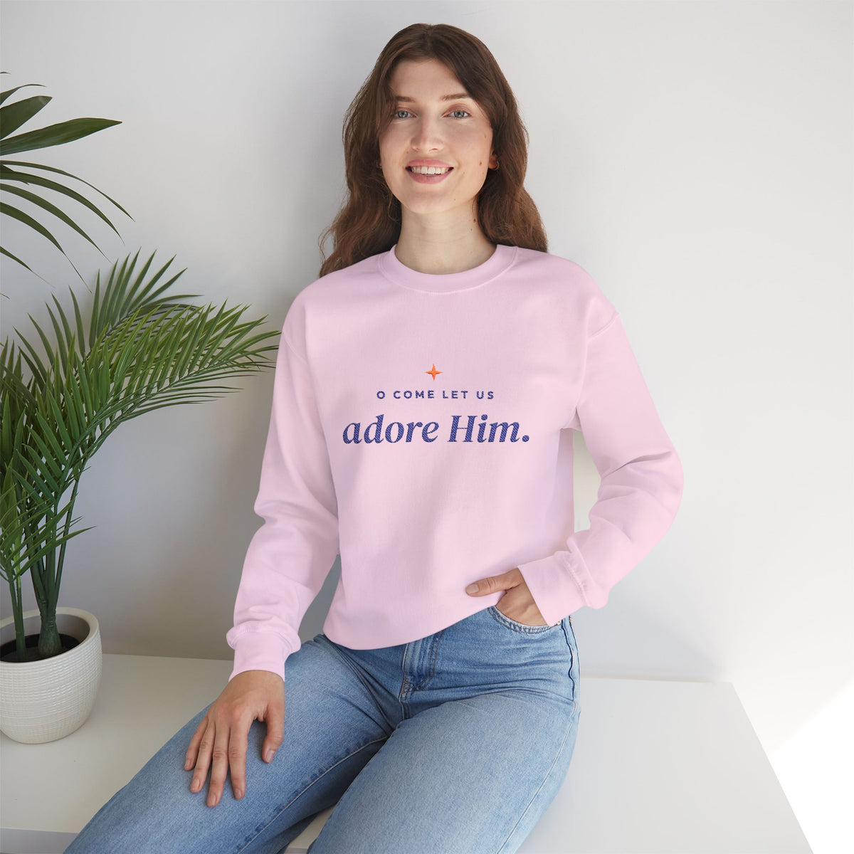 O Come Let Us Adore Him embroidered Christian Christmas sweatshirt