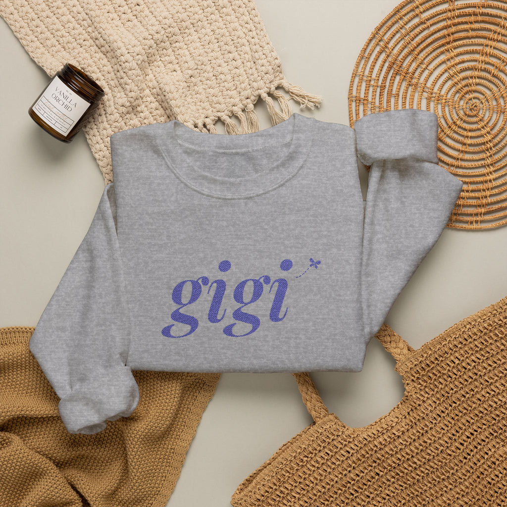 Personalized Gigi Sweatshirt, Embroidered Gigi Crewneck, Grandchild's Initial on Sleeve, Navy Thread, Grandma Christmas Gift