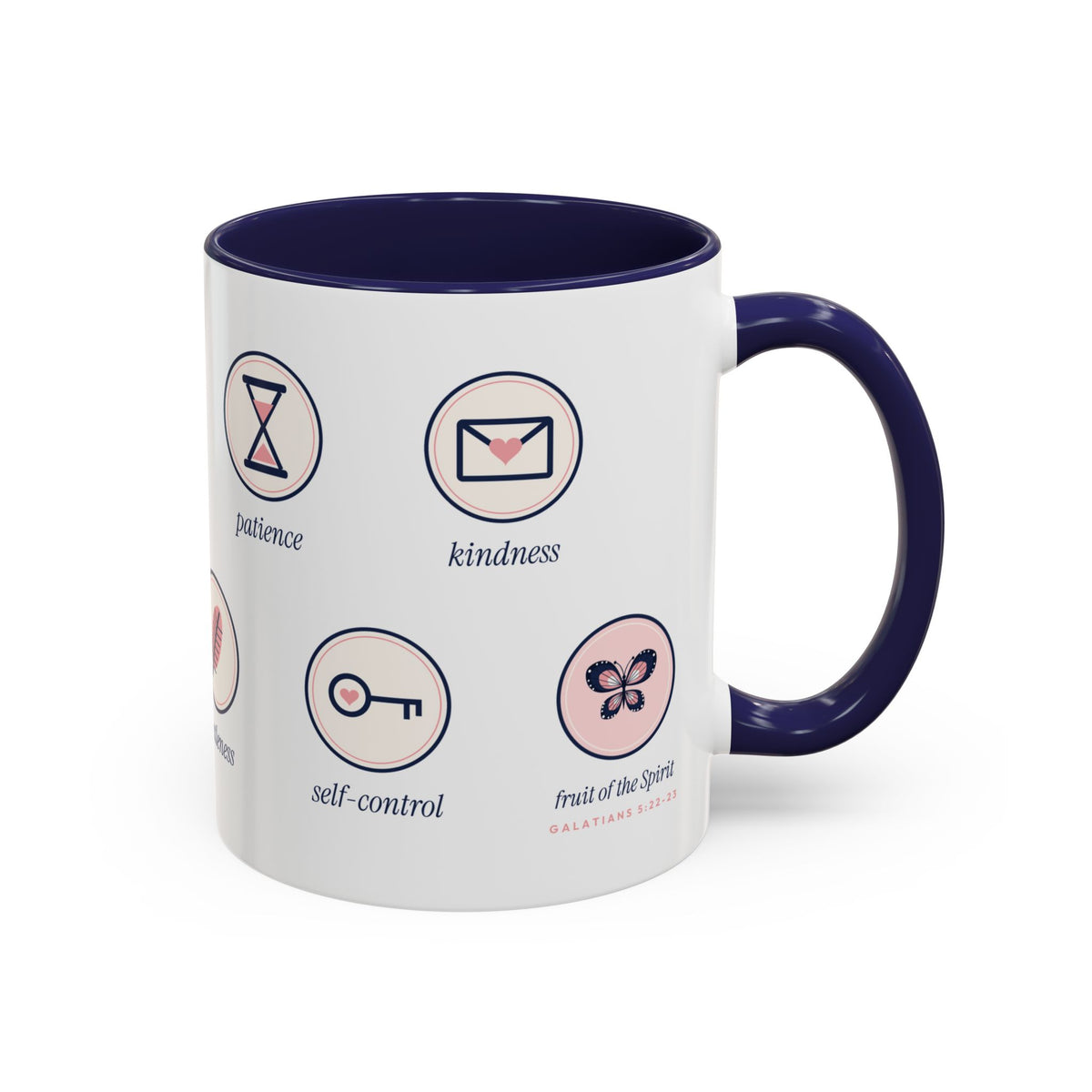 Fruit of the Spirit Icons Accent Mug | Love Joy Peace Christian Coffee Mug with Navy Handle | Faith Gift 11oz
