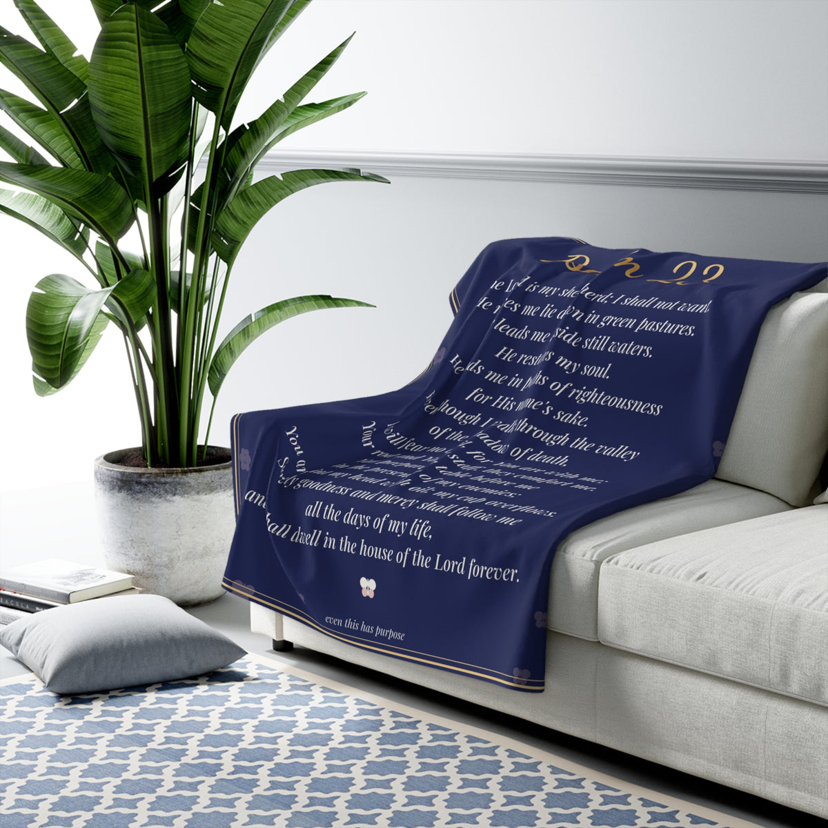 Psalm 23 Blanket in Navy, The Lord Is My Shepherd Scripture Throw, Sherpa Fleece Bible Verse Blanket, Christian Comfort Gift