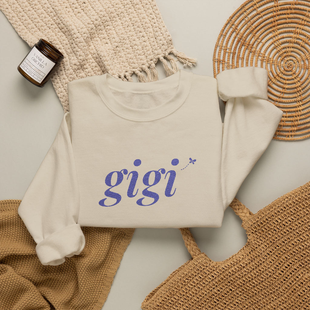 Personalized Gigi Sweatshirt, Embroidered Gigi Crewneck, Grandchild's Initial on Sleeve, Navy Thread, Grandma Christmas Gift