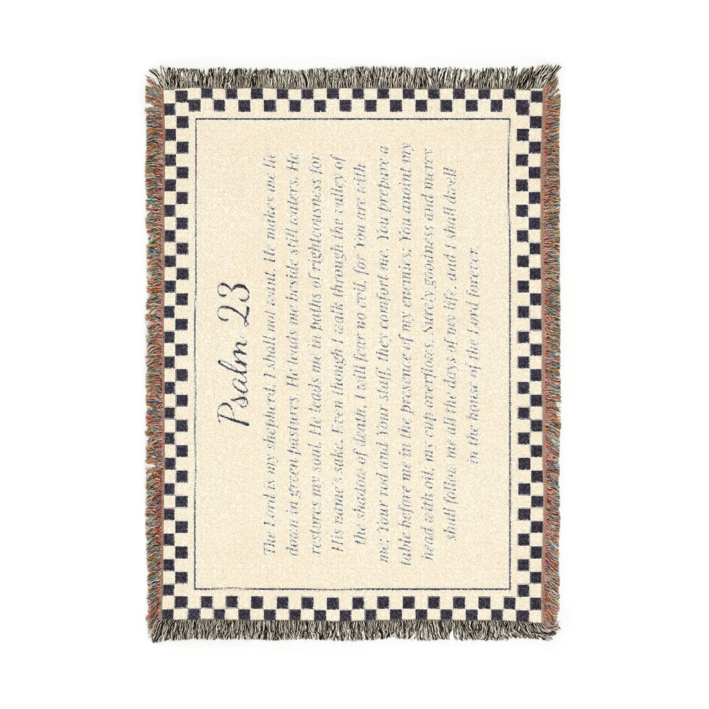 Psalm 23 Woven Blanket, The Lord Is My Shepherd Scripture Throw, Checkered Woven Cotton Bible Verse Blanket