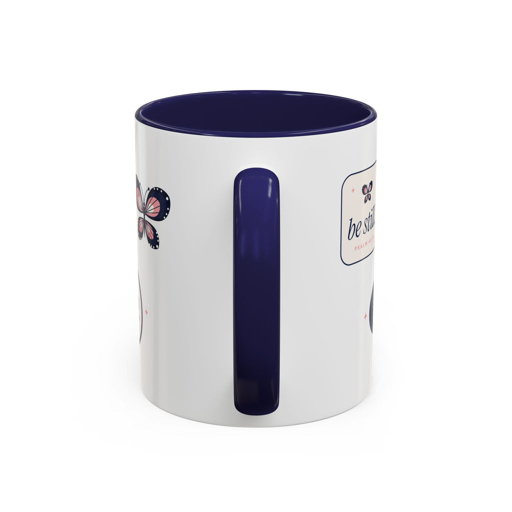 Bible Verse Accent Mug | Butterfly Christian Sticker Collage Mug with Navy Handle | Faith Gift 11oz