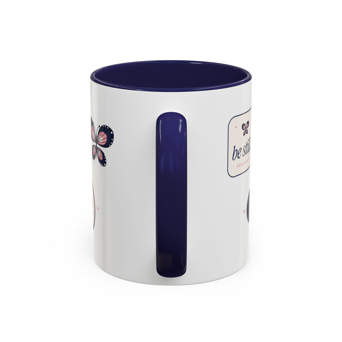 Bible Verse Accent Mug | Butterfly Christian Sticker Collage Mug with Navy Handle | Faith Gift 11oz