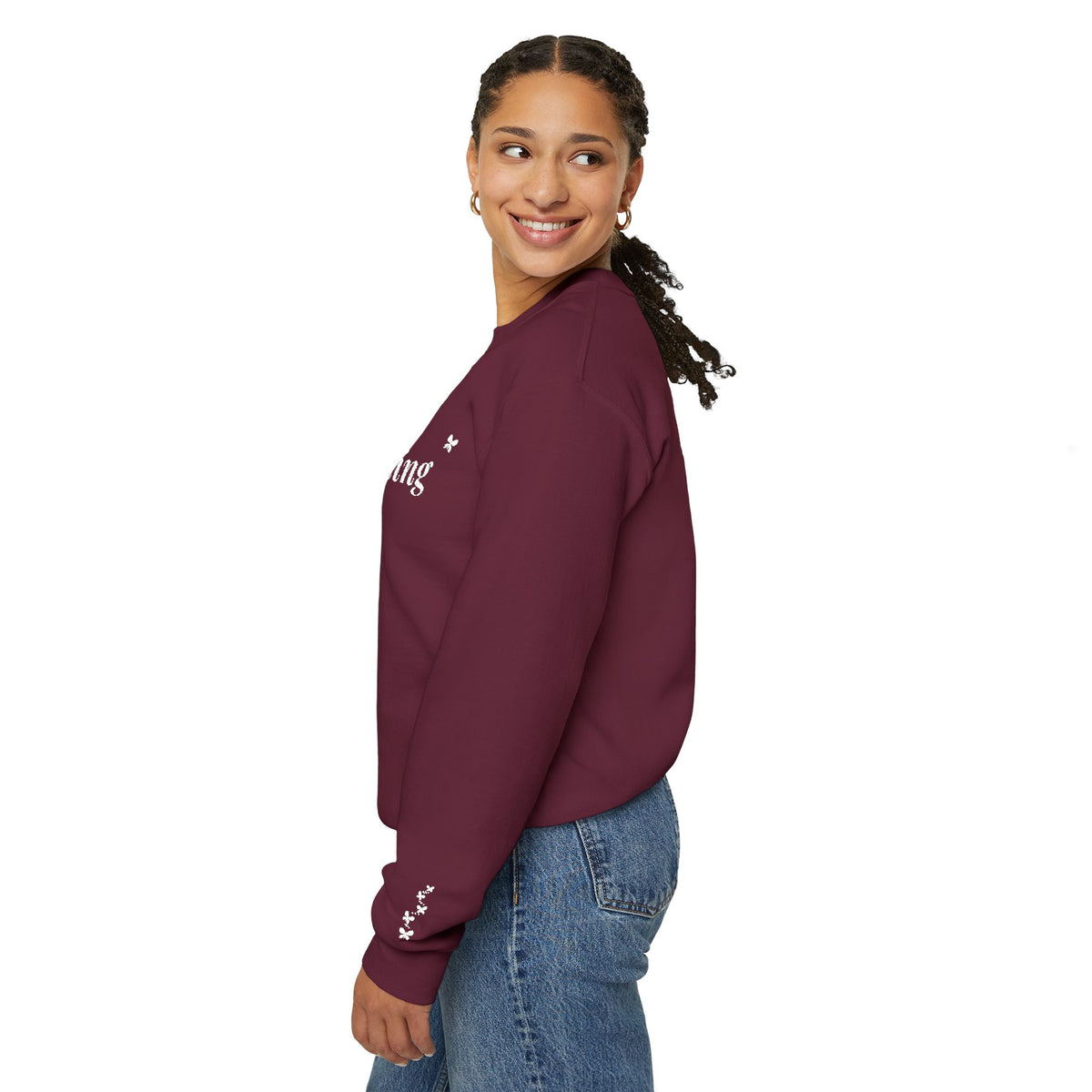 Becoming embroidered Christian sweatshirt with butterfly sleeve
