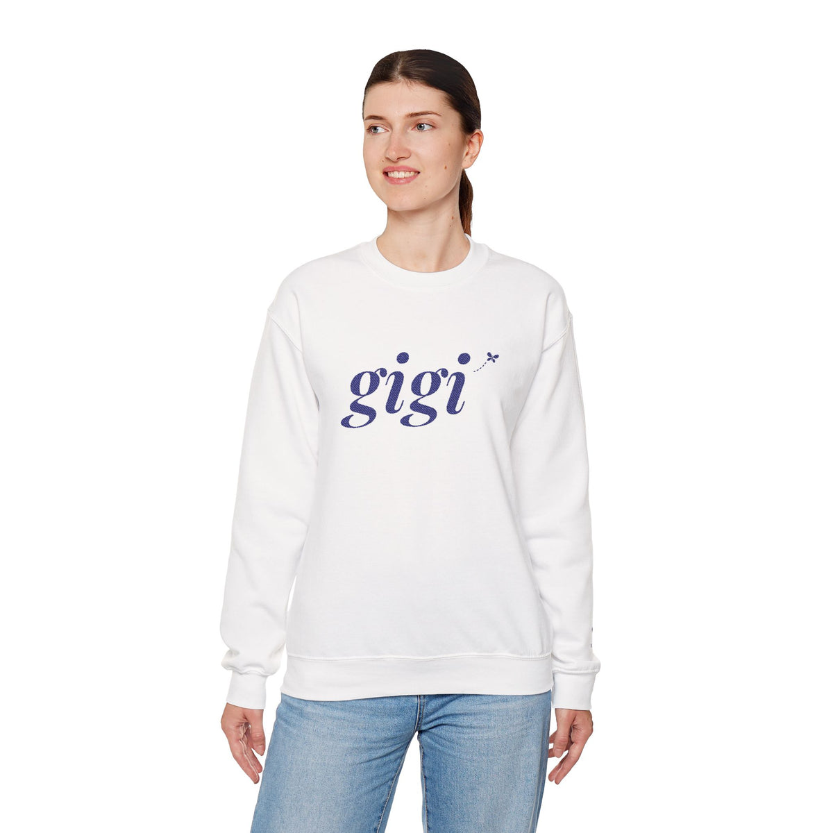 Personalized Gigi Sweatshirt, Embroidered Gigi Crewneck, Grandchild's Initial on Sleeve, Navy Thread, Grandma Christmas Gift