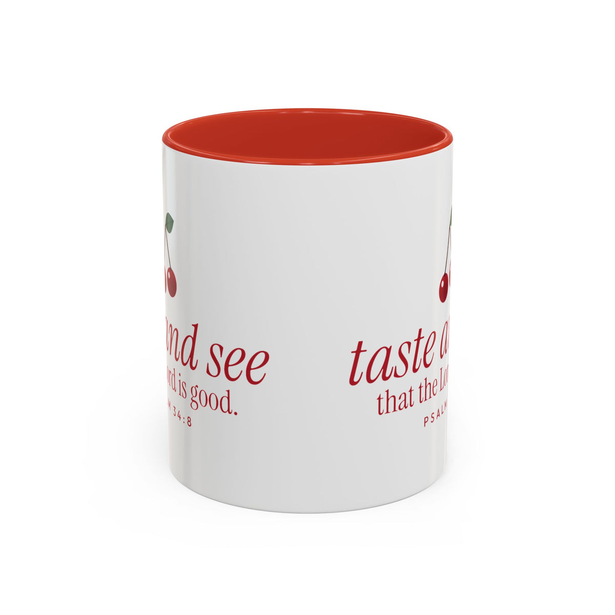 Taste and See Accent Mug | Psalm 34:8 Cherry Christian Coffee Mug with Red Handle | Faith Gift 11oz