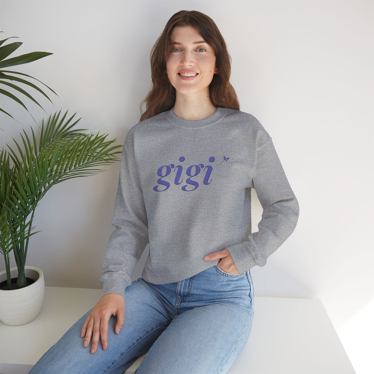 Personalized Gigi Sweatshirt, Embroidered Gigi Crewneck, Grandchild's Initial on Sleeve, Navy Thread, Grandma Christmas Gift