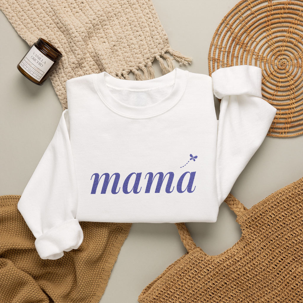 Personalized Mama Sweatshirt, Embroidered Mama Crewneck, Child's Initial on Sleeve, Navy Thread, Mom Christmas Gift, New Mom Gift