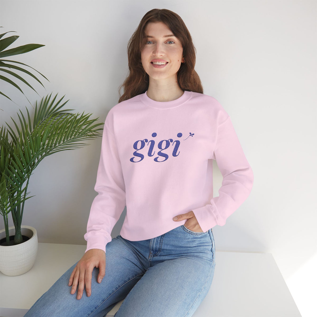 Personalized Gigi Sweatshirt, Embroidered Gigi Crewneck, Grandchild's Initial on Sleeve, Navy Thread, Grandma Christmas Gift