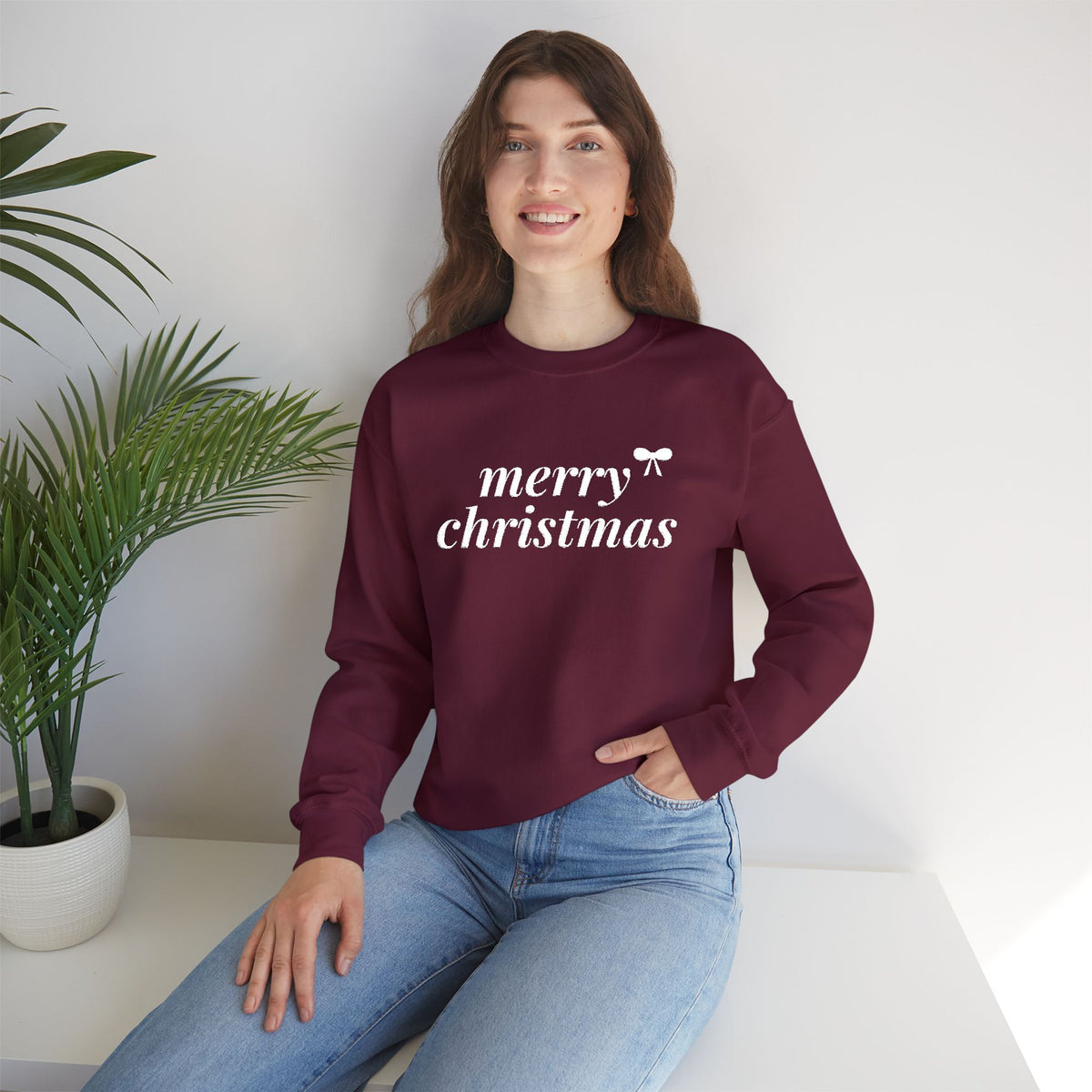 Merry Christmas embroidered crewneck sweatshirt with bow on cuff