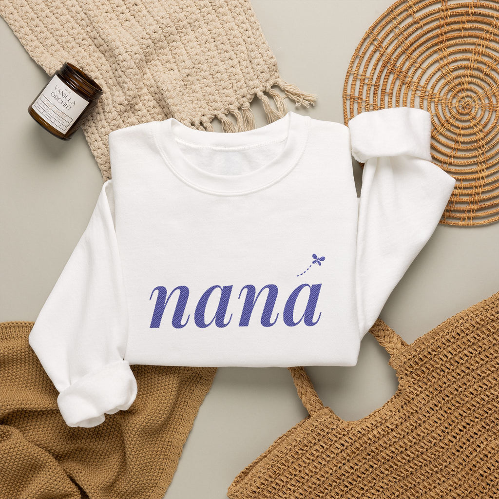 Personalized Nana Sweatshirt, Embroidered Nana Crewneck, Grandchild's Initial on Sleeve, Navy Thread, Grandma Christmas Gift