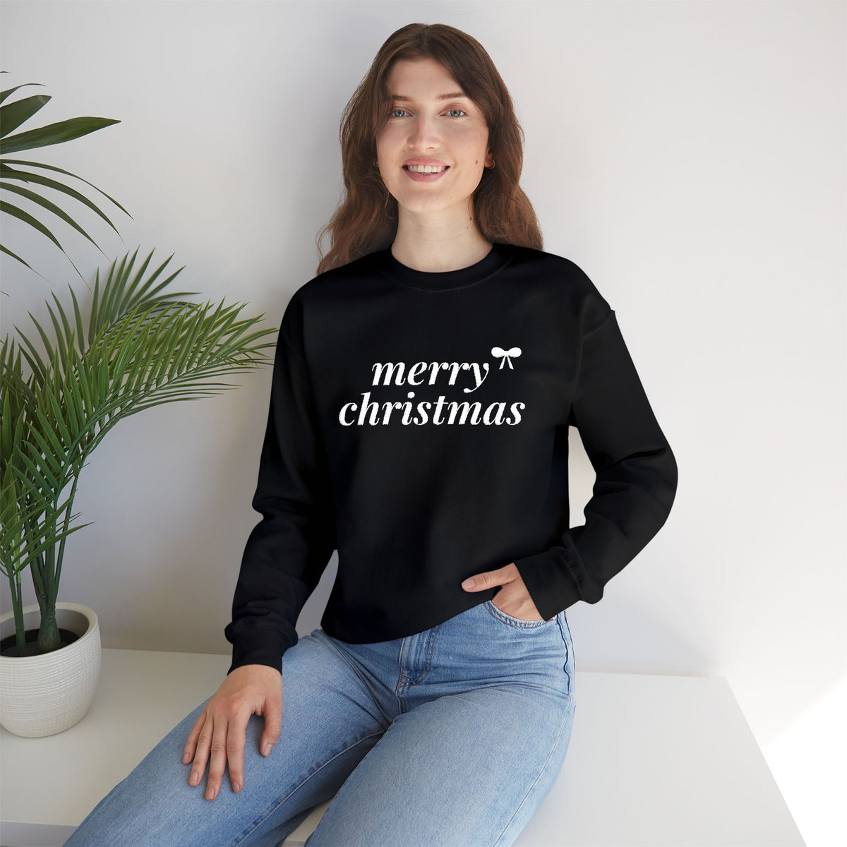 Merry Christmas embroidered crewneck sweatshirt with bow on cuff