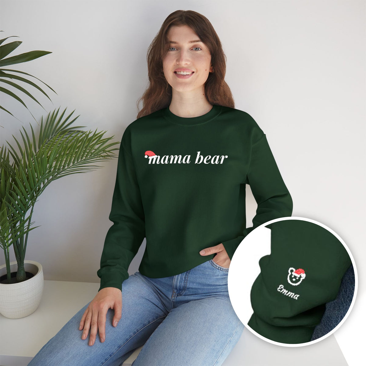 Christmas Mama Bear embroidered sweatshirt with Santa hat and kids names
