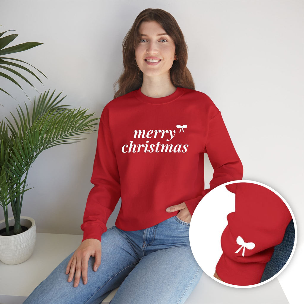 Merry Christmas embroidered crewneck sweatshirt with bow on cuff