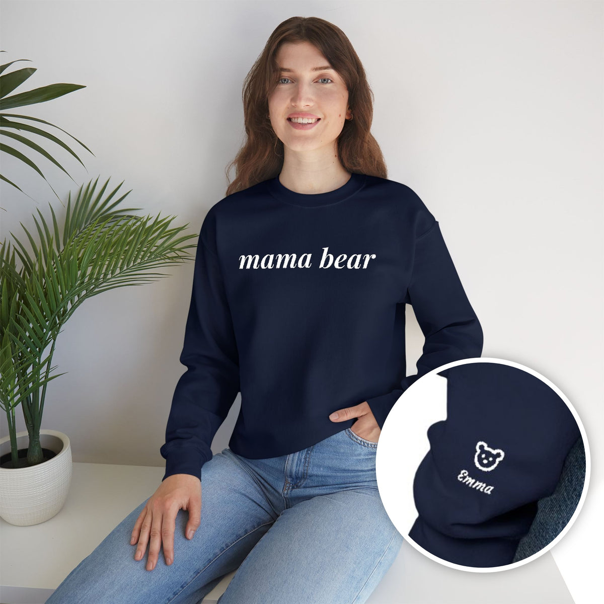Embroidered Mama Bear sweatshirt personalized with kids names on sleeve
