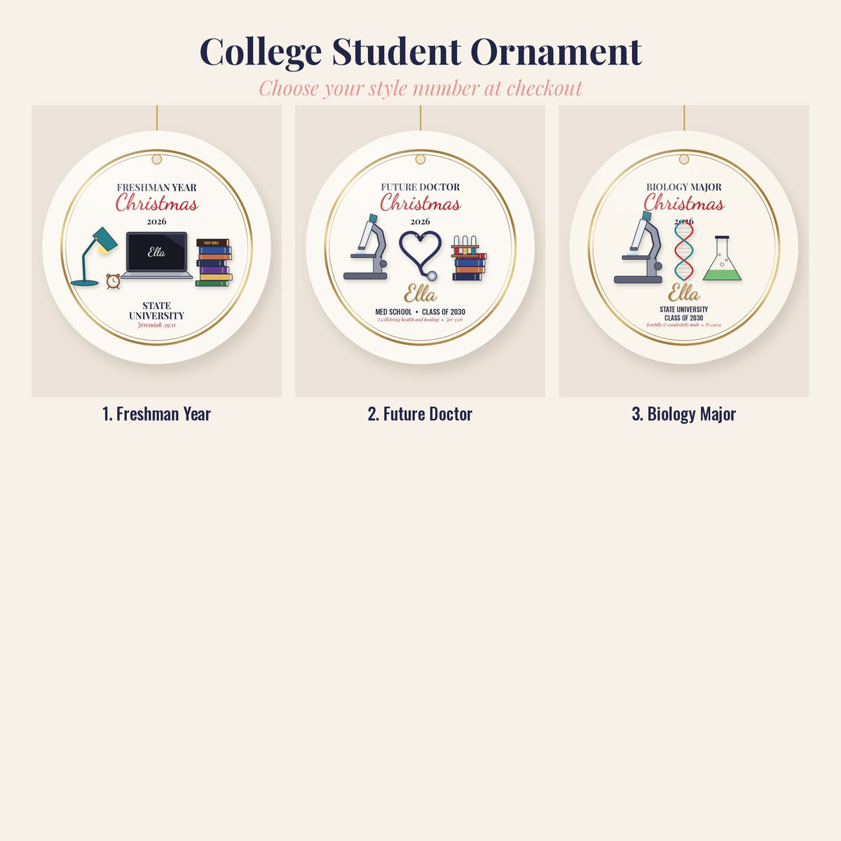 College Student Christmas Ornament 2026, Freshman Year, Future Doctor or Biology Major, Personalized