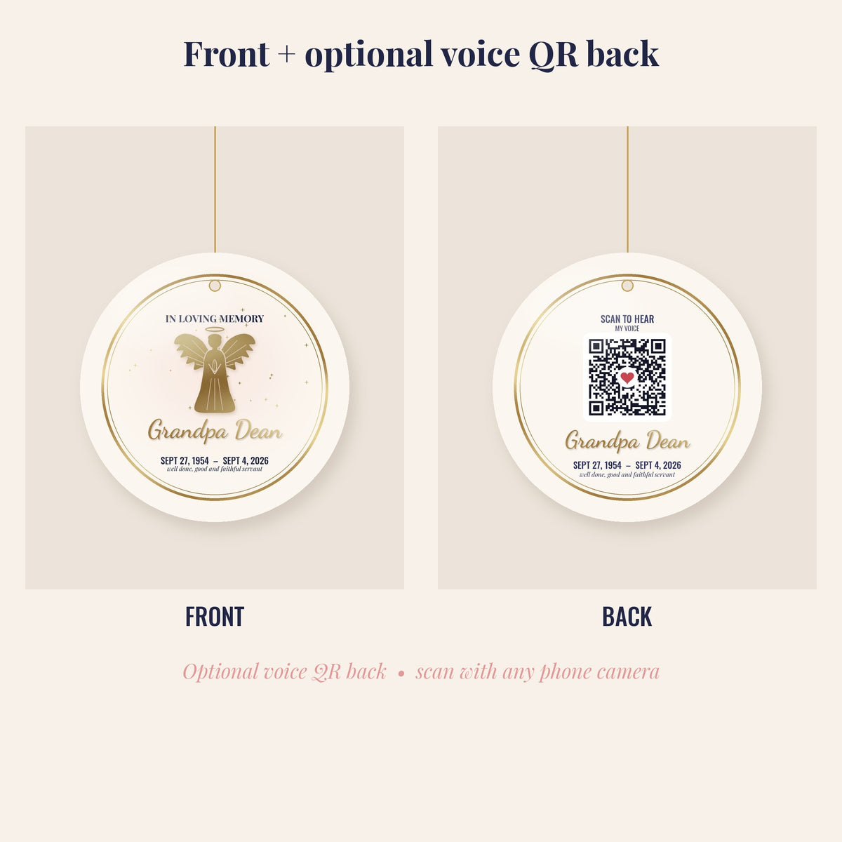 Angel Memorial Ornament, Personalized In Loving Memory Christmas Ornament with Optional Voice QR Code