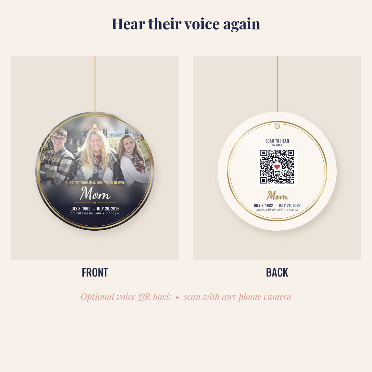 Memorial Photo Ornament, Personalized In Loving Memory Christmas Ornament with Optional Voice QR Code Back