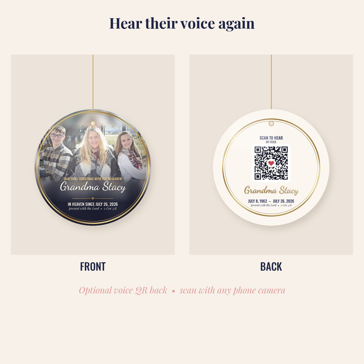 Memorial Photo Ornament, Personalized In Loving Memory Christmas Ornament with Optional Voice QR Code Back