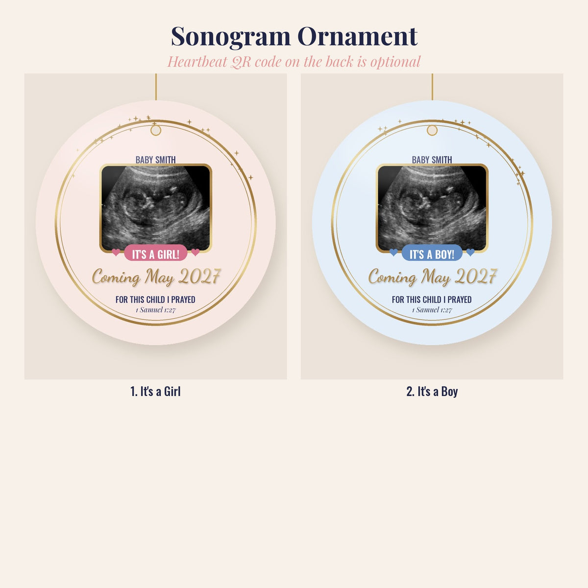 Sonogram Ornament, Pregnancy Announcement Christmas Ornament, It's a Girl or It's a Boy, Optional Heartbeat QR Code