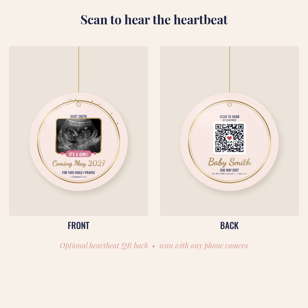 Sonogram Ornament, Pregnancy Announcement Christmas Ornament, It's a Girl or It's a Boy, Optional Heartbeat QR Code