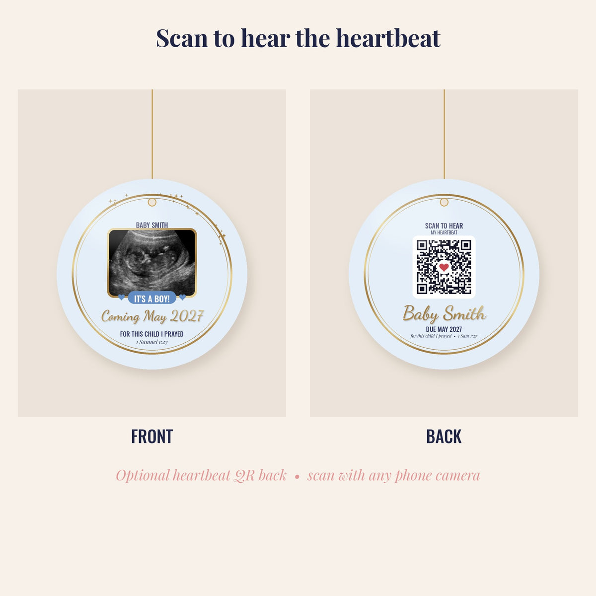 Sonogram Ornament, Pregnancy Announcement Christmas Ornament, It's a Girl or It's a Boy, Optional Heartbeat QR Code