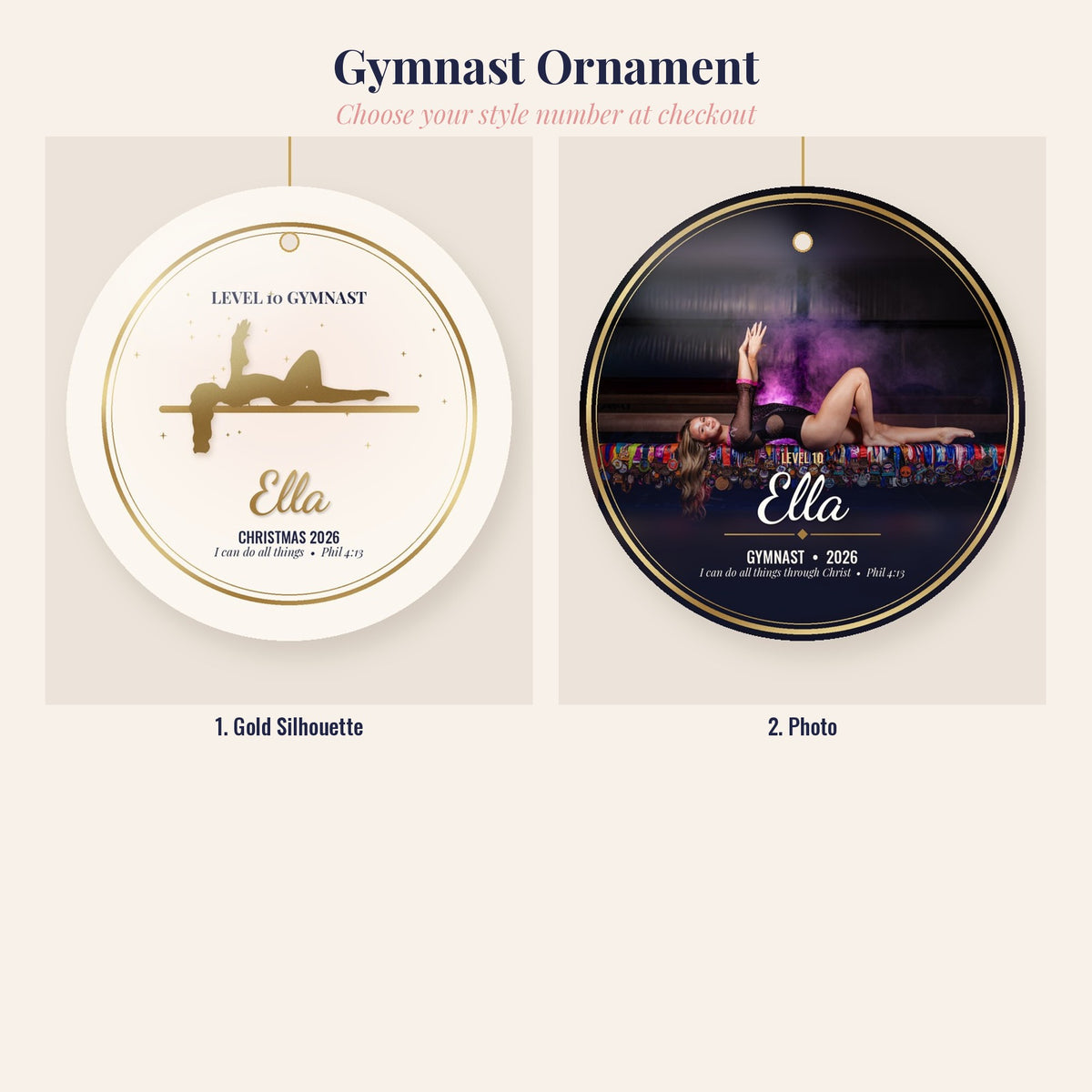 Gymnast Christmas Ornament, Personalized Gymnastics Ornament, Gold Silhouette or Photo