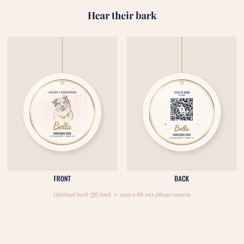 Dog Christmas Ornament from Your Photo, Personalized Pet Portrait Ornament, Optional Bark QR Code