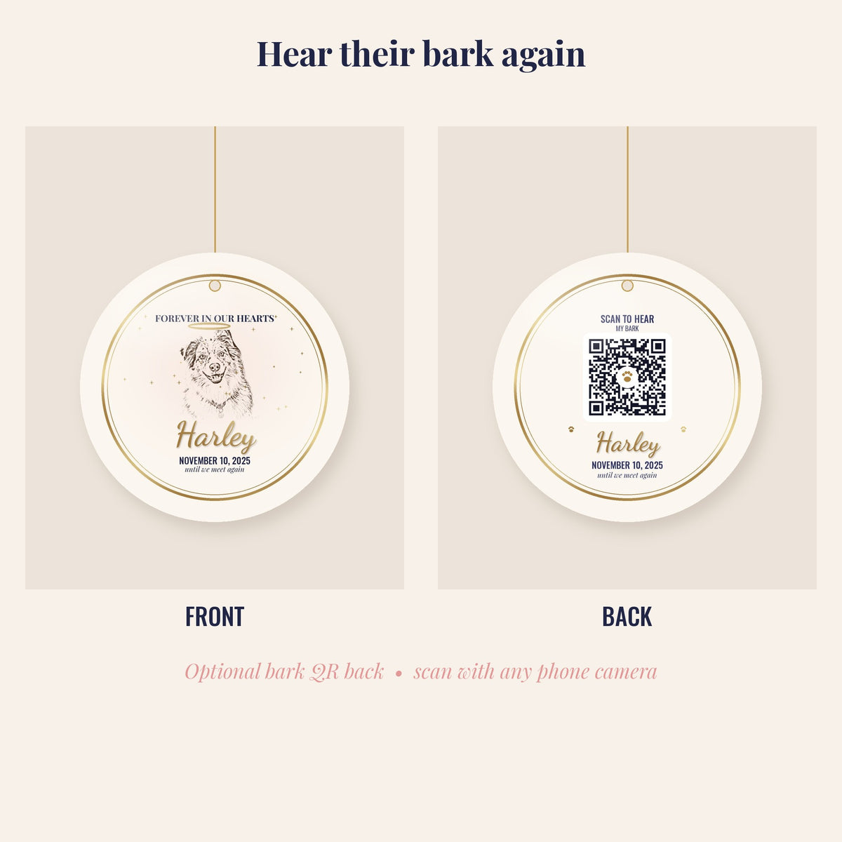 Dog Memorial Ornament from Your Photo, Personalized Pet Loss Gift, Optional Bark QR Code
