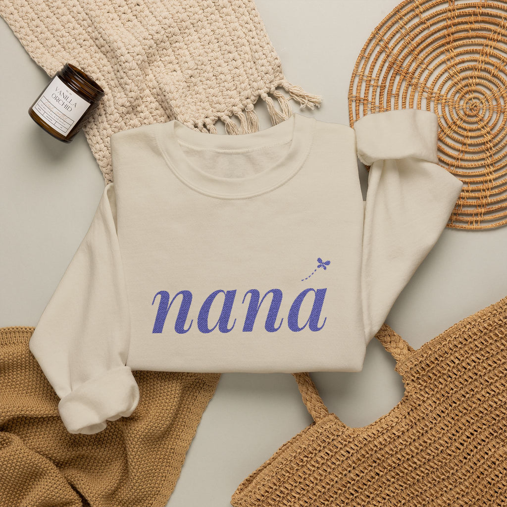 Personalized Nana Sweatshirt, Embroidered Nana Crewneck, Grandchild's Initial on Sleeve, Navy Thread, Grandma Christmas Gift