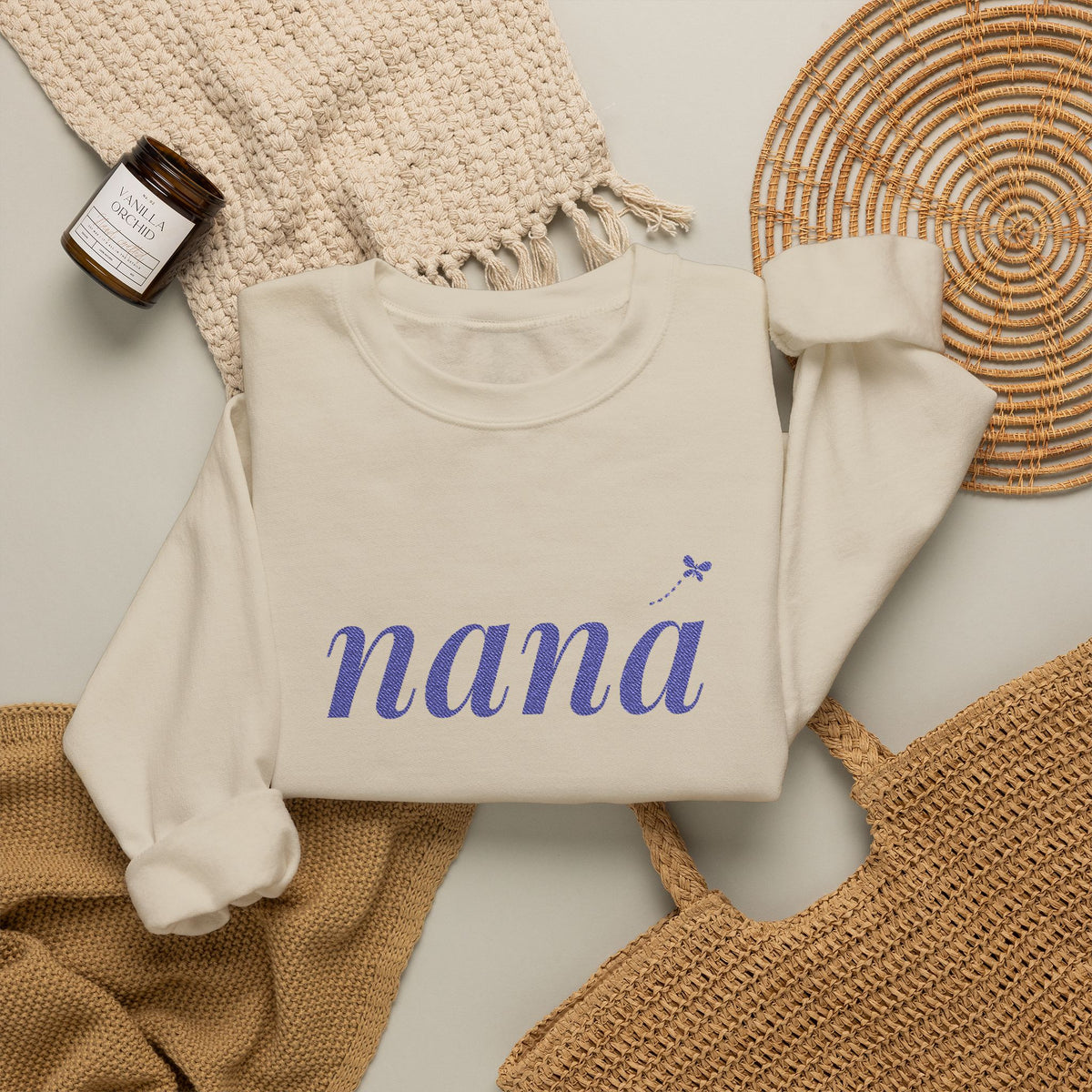 Personalized Nana Sweatshirt, Embroidered Nana Crewneck, Grandchild's Initial on Sleeve, Navy Thread, Grandma Christmas Gift