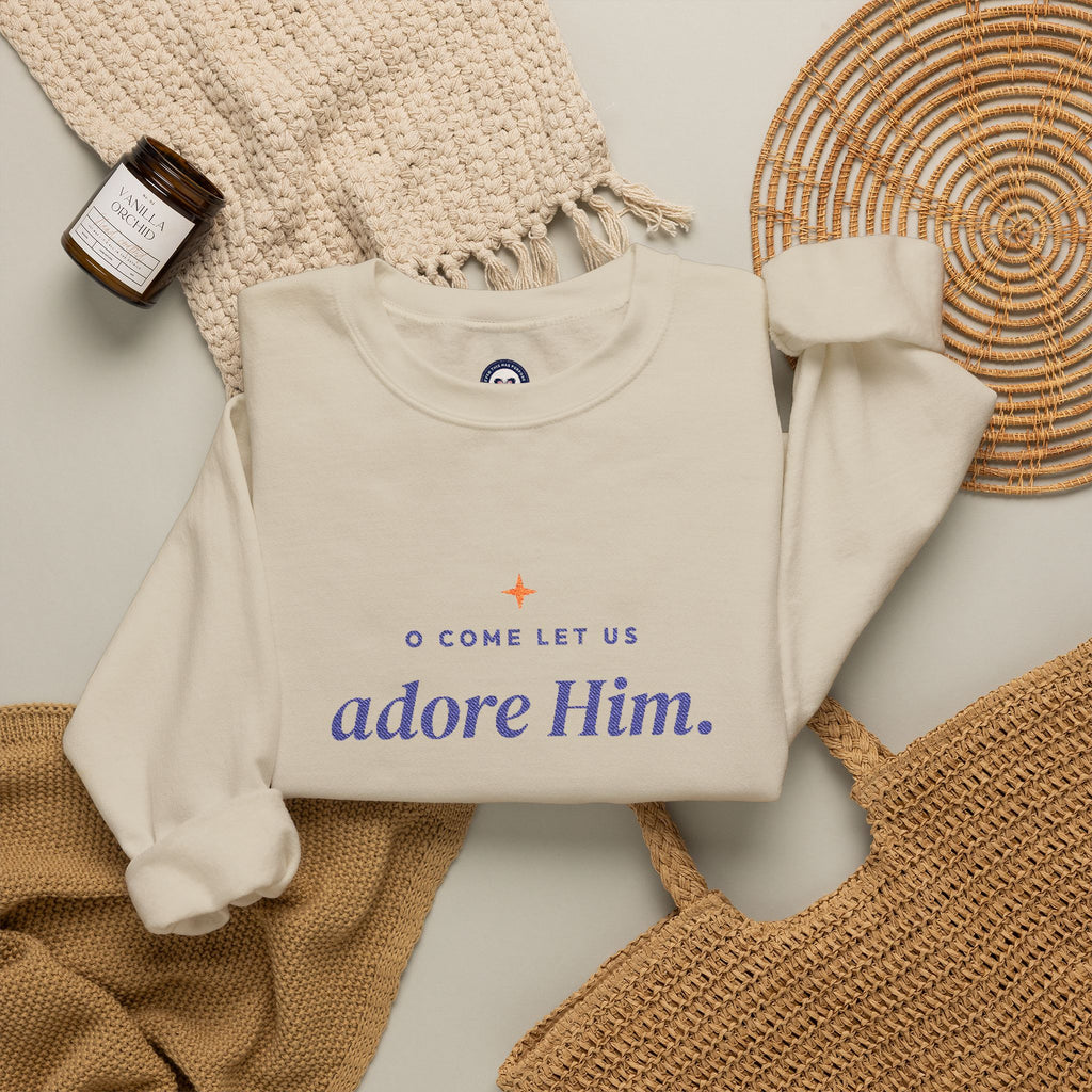 O Come Let Us Adore Him Embroidered Sweatshirt | Christian Christmas Crewneck for Women