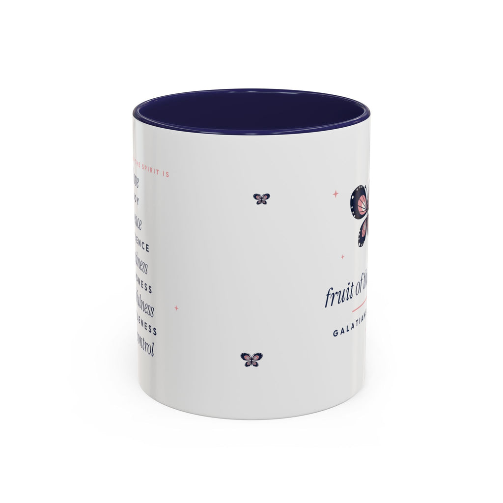 Fruit of the Spirit Accent Mug | Galatians 5:22-23 Butterfly Christian Coffee Mug with Navy Handle | Faith Gift 11oz
