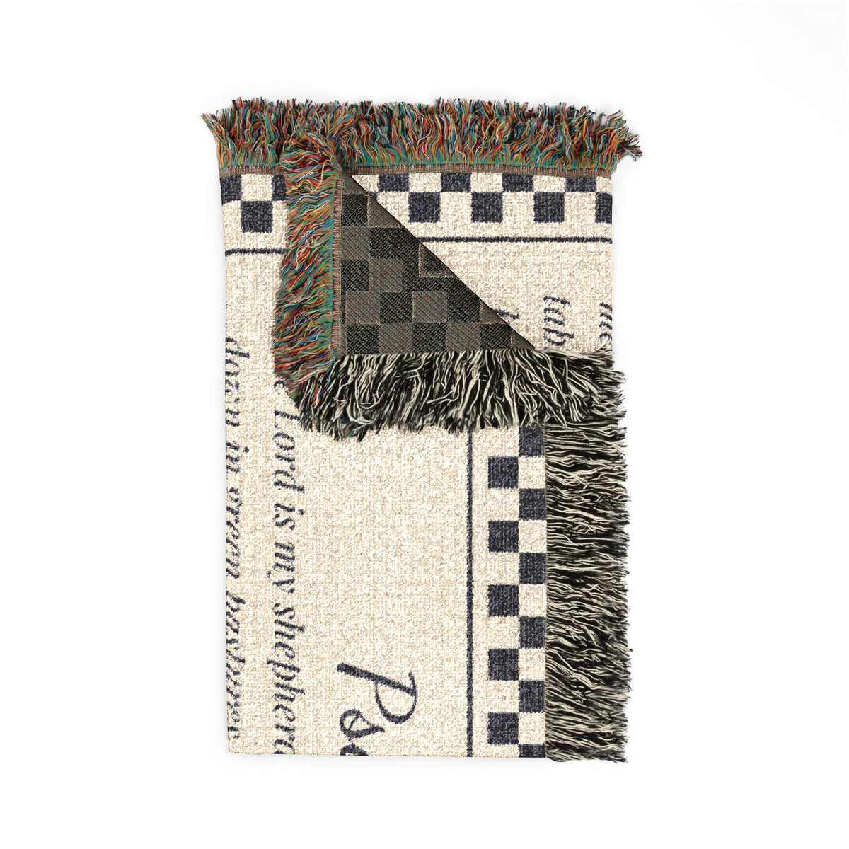 Psalm 23 Woven Blanket, The Lord Is My Shepherd Scripture Throw, Checkered Woven Cotton Bible Verse Blanket