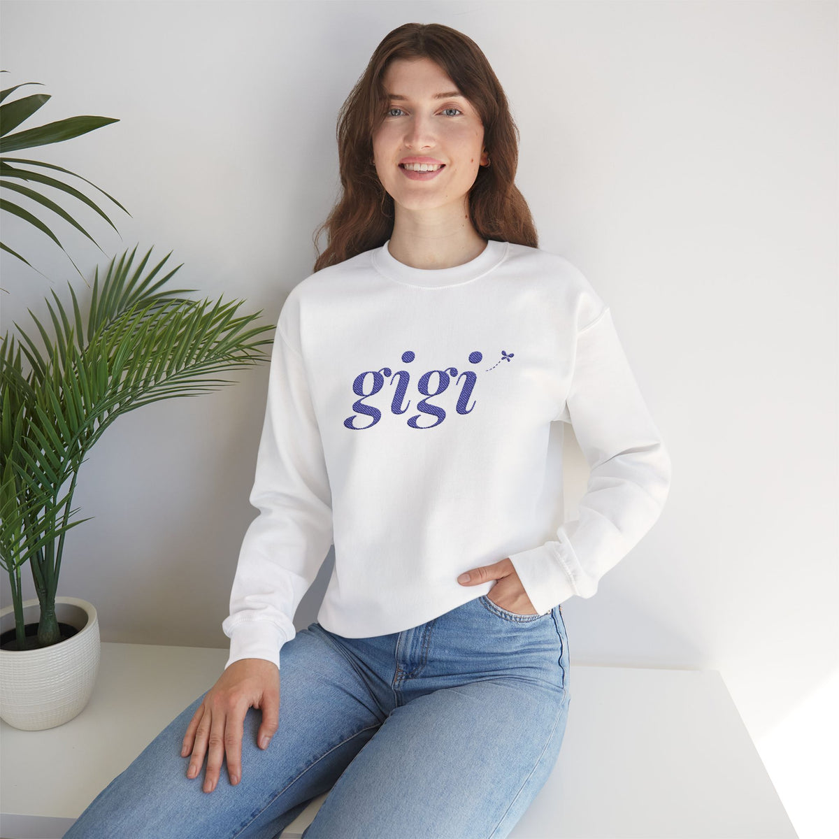 Personalized Gigi Sweatshirt, Embroidered Gigi Crewneck, Grandchild's Initial on Sleeve, Navy Thread, Grandma Christmas Gift