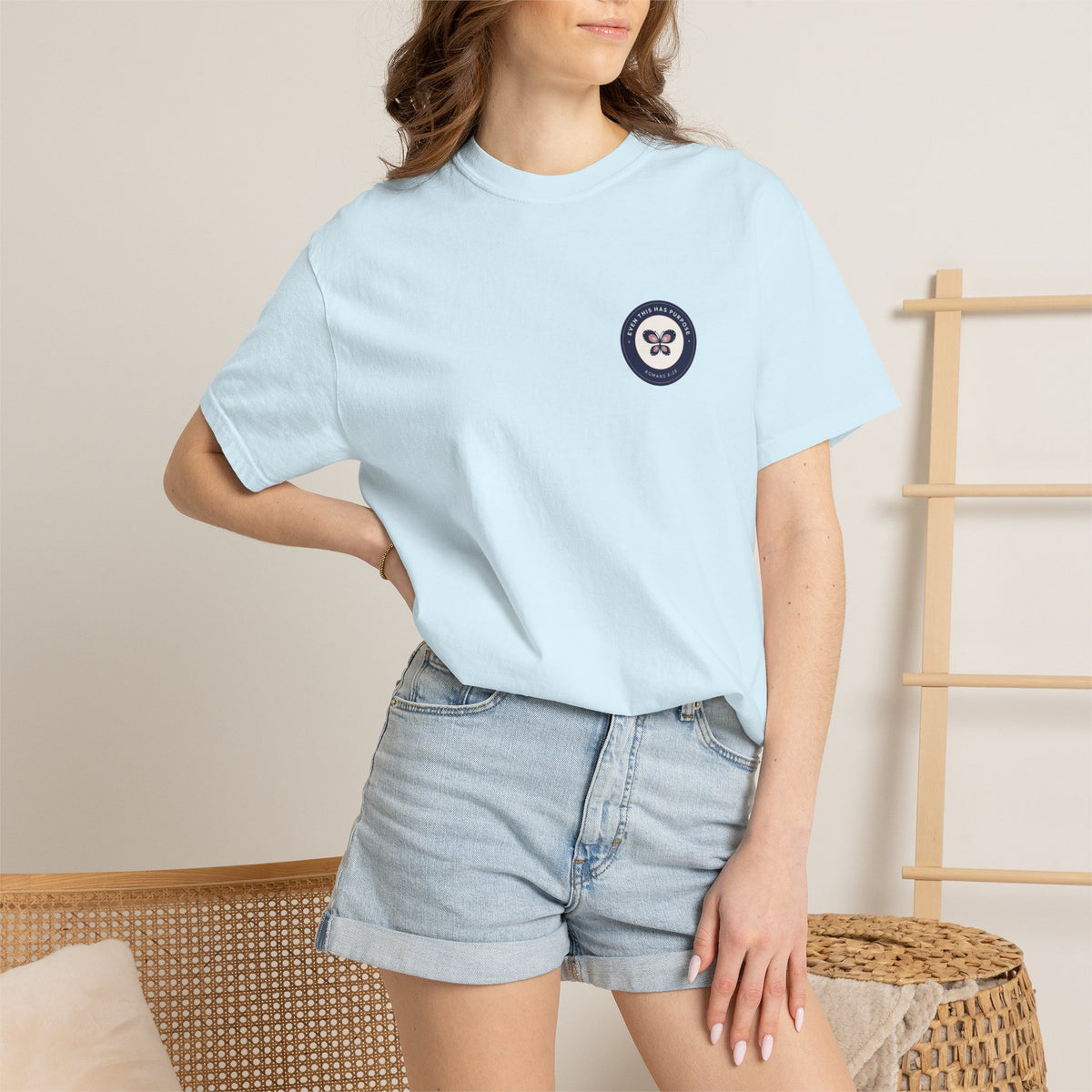 Even This Has Purpose Romans 8:28 butterfly badge Christian t-shirt