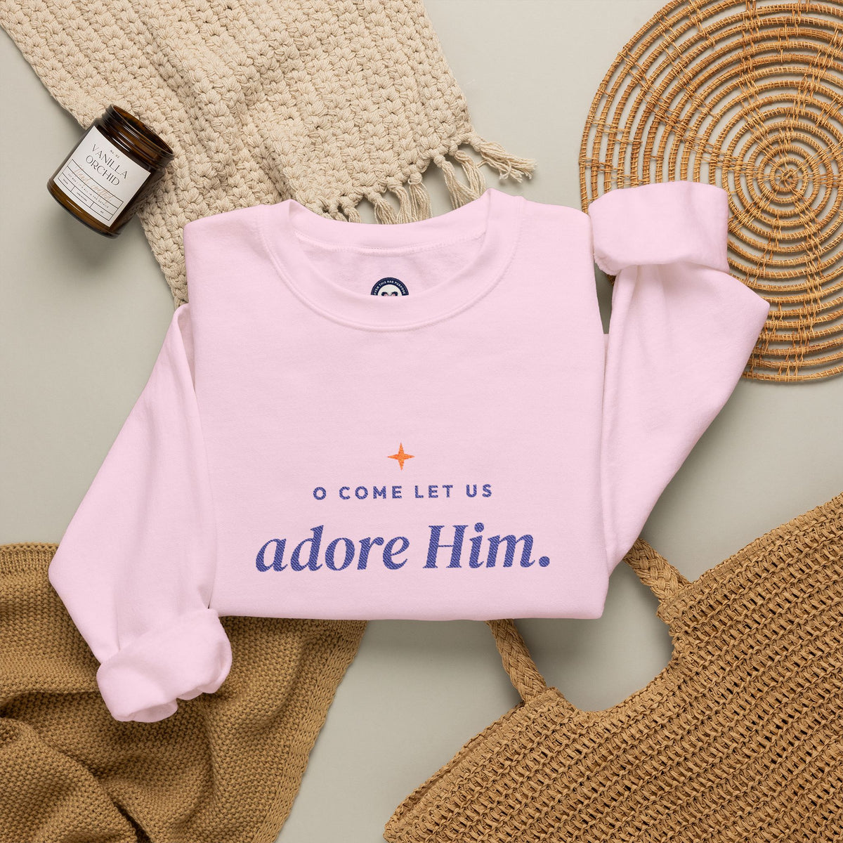 O Come Let Us Adore Him Embroidered Sweatshirt | Christian Christmas Crewneck for Women