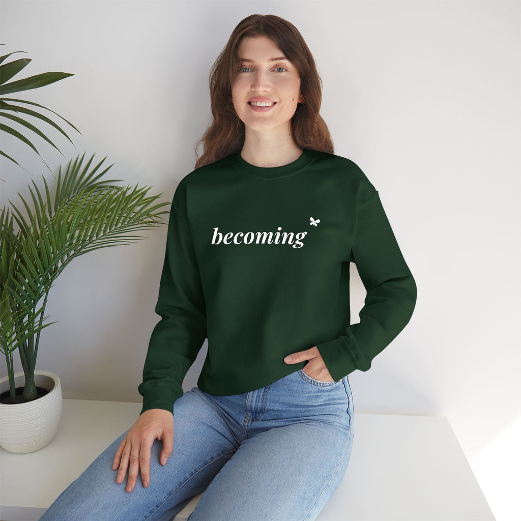 Becoming Embroidered Sweatshirt, Butterfly Sleeve Crewneck for Women, Christian Faith Sweatshirt, New Creation Gift, White Thread