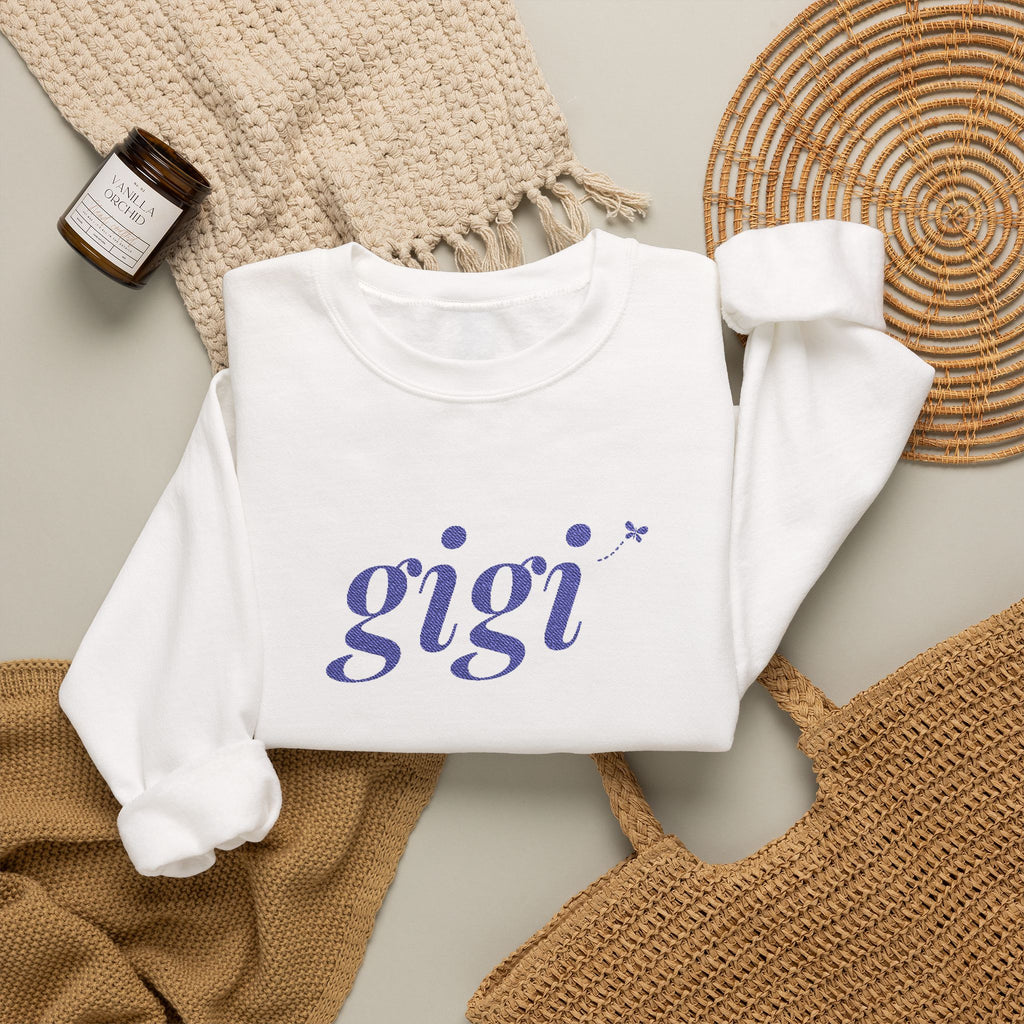 Personalized Gigi Sweatshirt, Embroidered Gigi Crewneck, Grandchild's Initial on Sleeve, Navy Thread, Grandma Christmas Gift