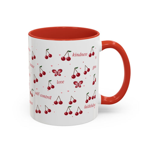 Cherry Fruit of the Spirit Accent Mug | Galatians 5:22-23 Christian Coffee Mug with Red Handle | Faith Gift 11oz