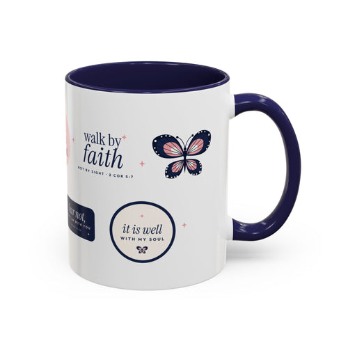 Bible Verse Accent Mug | Butterfly Christian Sticker Collage Mug with Navy Handle | Faith Gift 11oz