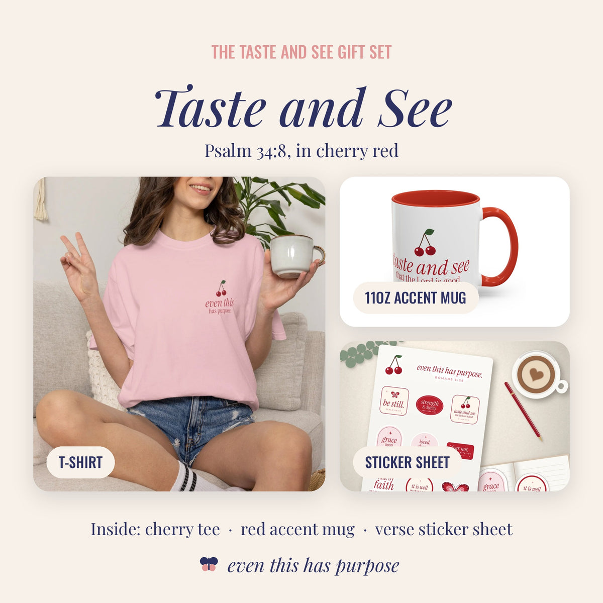 Taste and See Cherry Gift Set | Christian Tee, Mug & Bible Verse Stickers